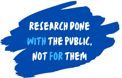 "Research done with the public, not for them" in white text in a blue box