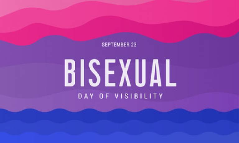 The words September 23rd Bisexual Day of Visibility appear in white against a background of a wavey pink, purple and blue the standard colours of the bisexual flag. 