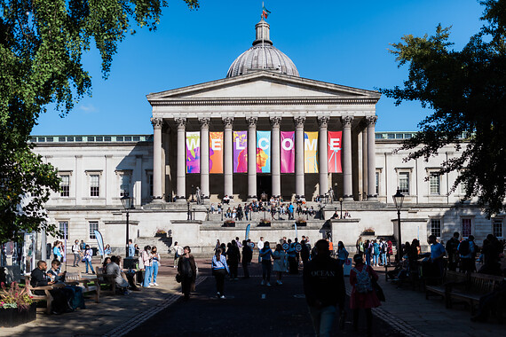 Image of UCL's main quad with students attending the 2021 welcome fair