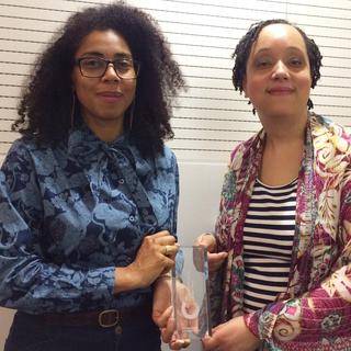 Caroline Bressey and Gemma Romain with UCL Cultural Project of the Year award, 7 May 2015