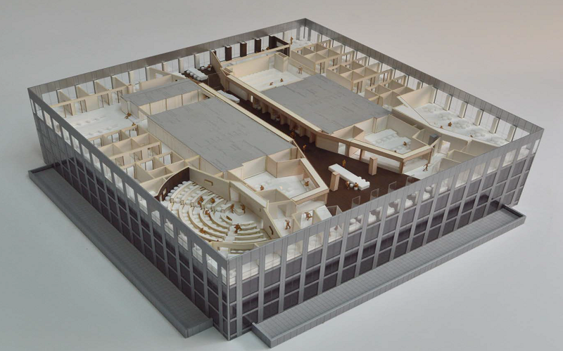 a 3D cutaway-style model of the refurbishment viewed from an oblique angle showing lecture theatre, student hub, and the central corridor