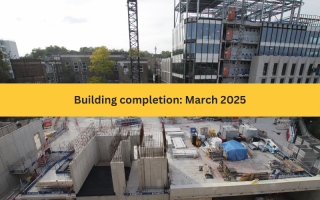 Building completion March 2025 is written on a yellow bar across a photo of a construction site