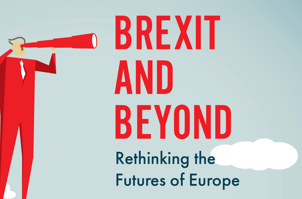 Text Brexit and beyond in bold red font, against an animated background of a blue skies, with a figure dressed in red peering into the distant using a telescope towards the left of the image.