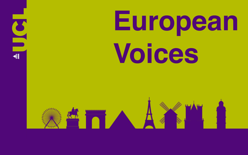 European Voices logo in purple and green