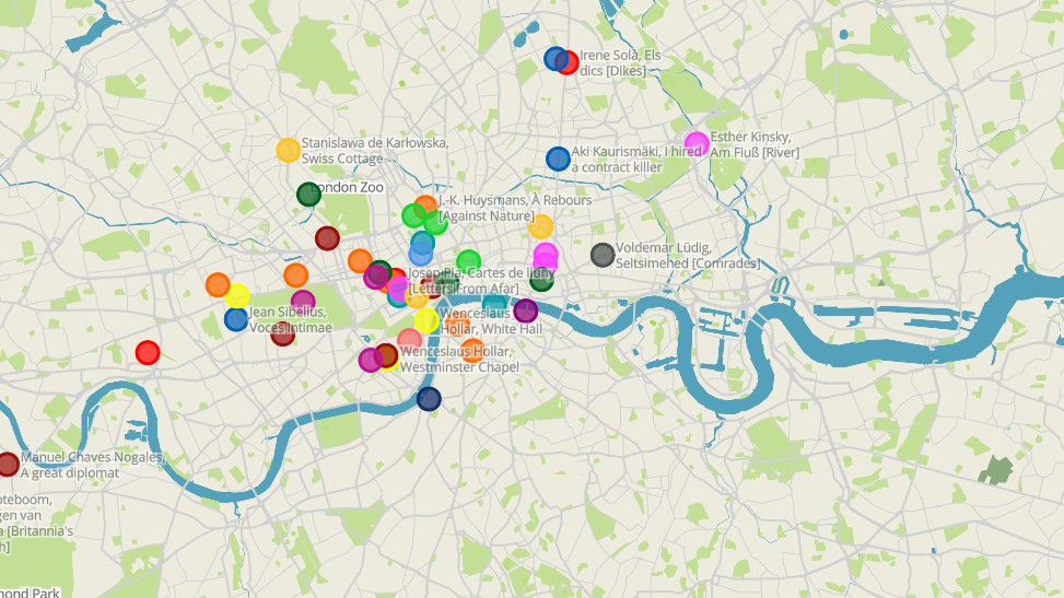 Screenshot of map of London with colorful dots