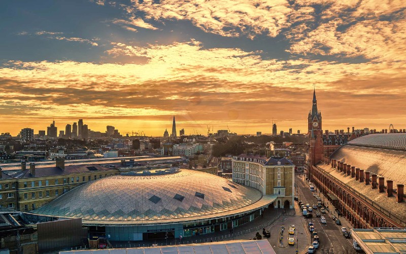 View of London St Pancras station at dusk