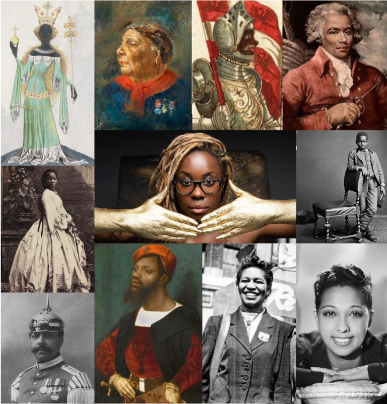 A collage of 10 photos of black people in cultural contexts, both historical and current