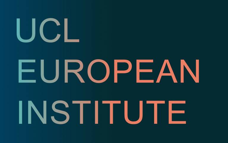 Navy blue rectangle with UCL EUROPEAN INSTITUTE in orange