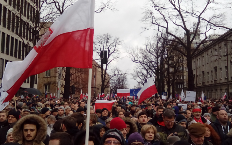  A Committee for the Defence of Democracy protest in Warsaw against Poland's new government, 12 December 2015