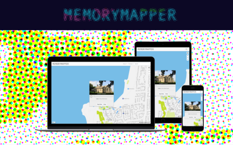 Memory mapper heading with an image of a laptop and software underneath, against a multi-coloured and pixelated background