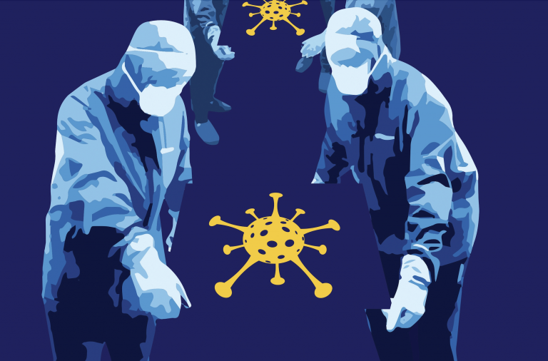 Blue tinted vector illustration of Covid-19 frontline hospital staff and rendering of the virus