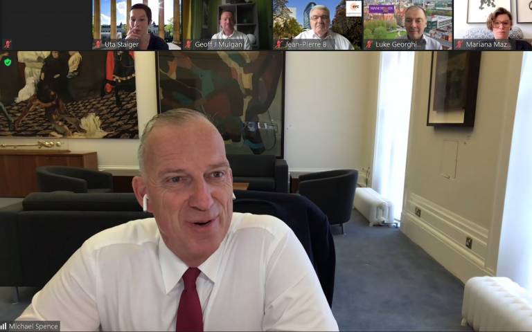 Provost Michael Spence on a Zoom call with other research leaders