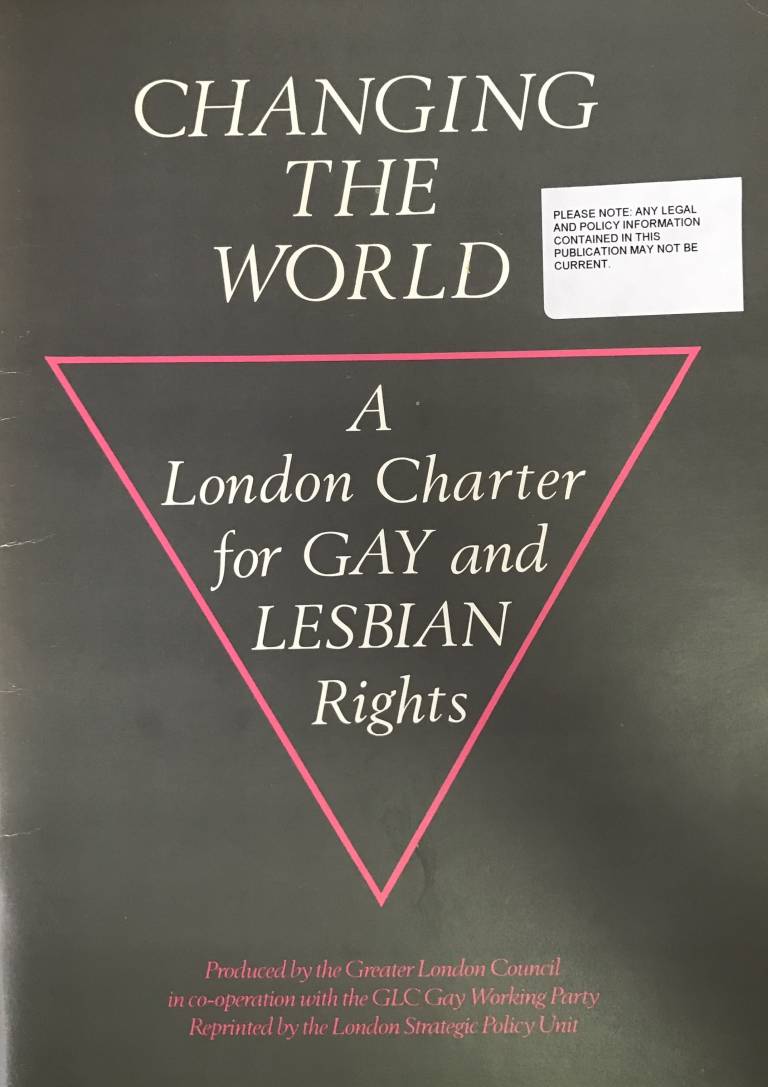 A grey front cover with the words 'Changing the World, A London Charter for GAY an LESBIAN Rights'