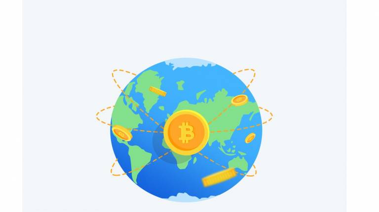 image of a globe with a B in the middle to represent bitcoin