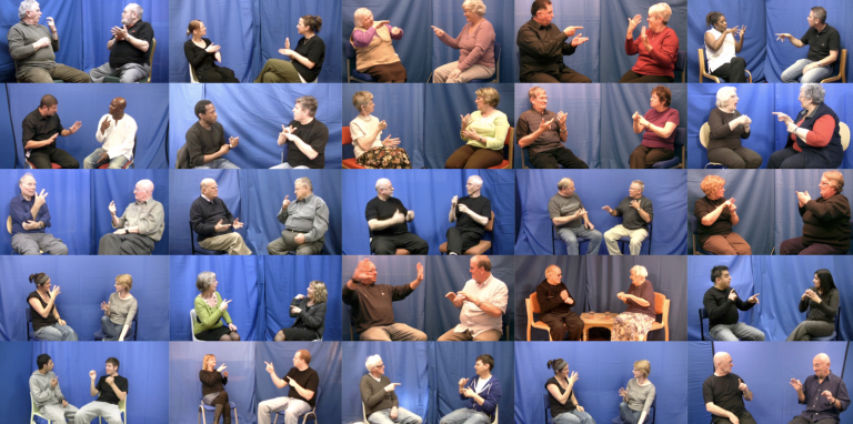 a montage of photos of people doing sign language