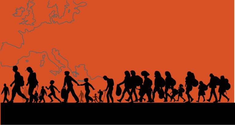 People walking in a line in silhouette against the background of a map of Europe in red