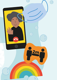 decorative illustration of a face covering, a rainbow, a mobile phone and two figures standing two metres apart