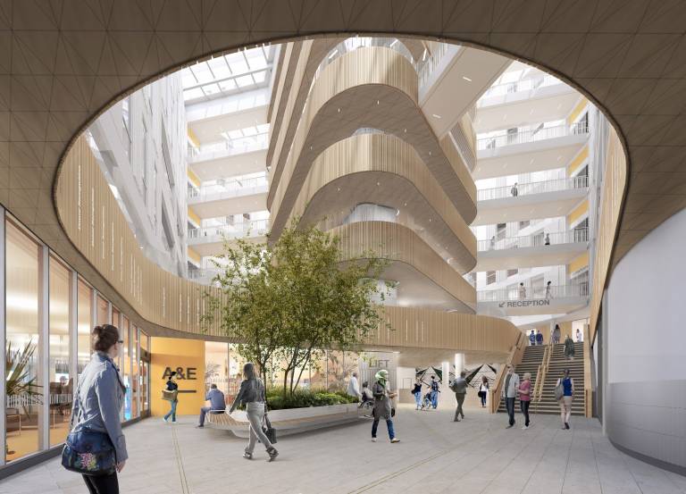 Representation of the proposed entrance to the new Oriel building. It is a big, light-filled space with rooms around the outside and, on the upper floors, walkways connecting a central pillar which is wide enough to have rooms in it, to the outer rooms