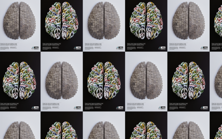 Brain images made from coins and carrier bags