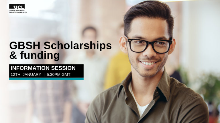 Student with glasses, with text advertising Funding and Scholarship Information Session