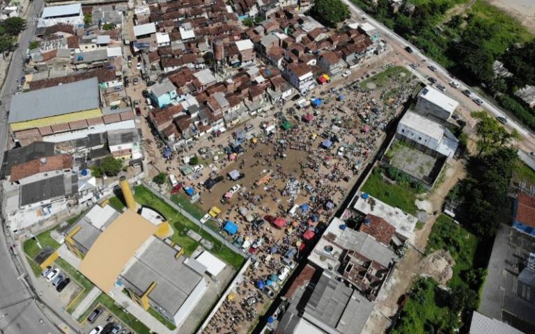 Drone image of a busy market in Pernambuco, Brazil