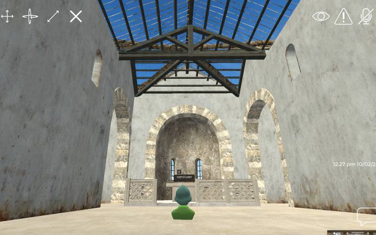 Prof Révész's avatar stands inside the virtual model of the ancient church, looking up at the original wooden beams it would have had 1,500 years ago.