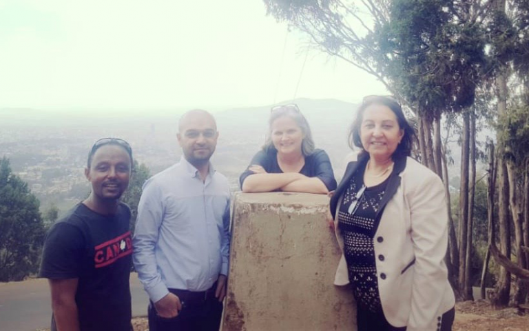 Professor Lamis Ragab (New Giza University), Dr Ahmed Rashid (UCL) and Professor Deborah Gill (UCL) with Arameus, a local guide in Addis Adaba