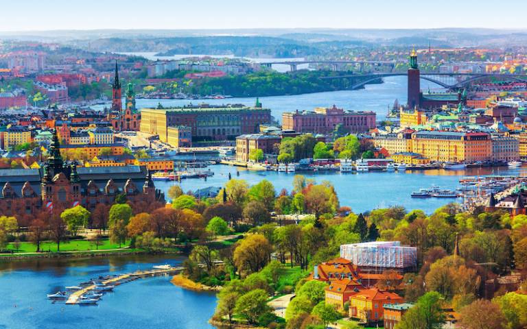 Scenic summer aerial panorama of the Old Town (Gamla Stan) architecture in Stockholm, Sweden