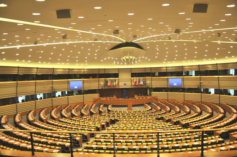 Empty big assembly room of European Parliament in Brussels, Belgium, Europe