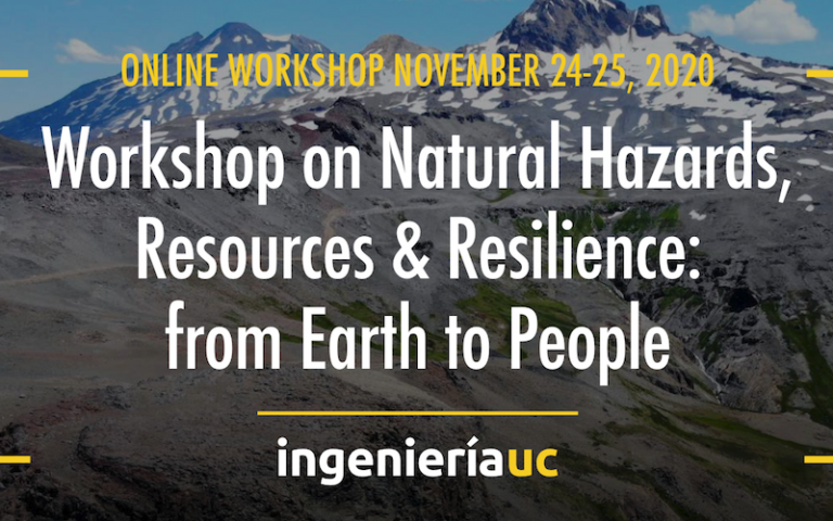 mountain range with text overlay: "Workshop on Natural Hazards, Resources & Resilience"