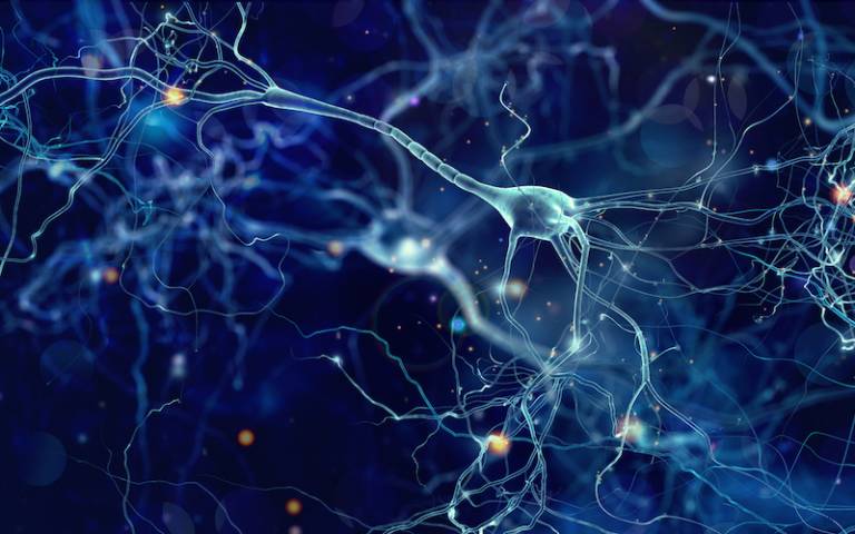 Conceptual illustration of neuron cells with glowing link knots in abstract dark space 