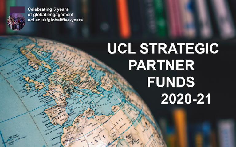 globe in front of bookcase with the words "UCL Strategic Partner Funds 2020-21"