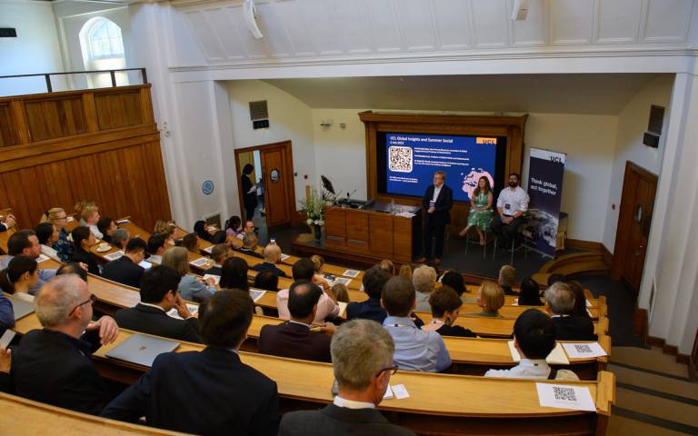 Professor Geraint Rees, Professor Madeline Carr and Dr Benjamin Guedj in conversation during the UCL Global Insights and Summer Social 