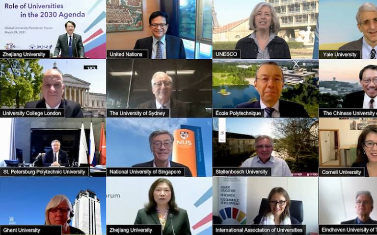 Screenshot of global university presidents at the ZJU event