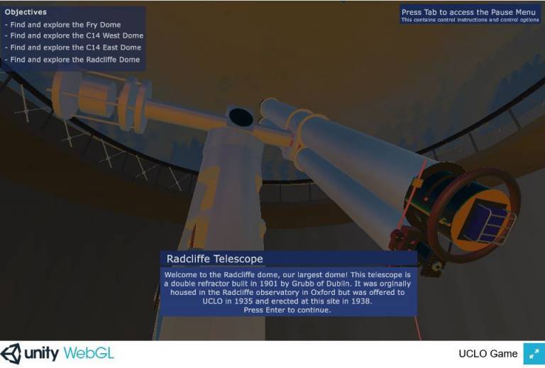 An image taken from the UCLO Explore game, showing the virtual Radcliffe telescope
