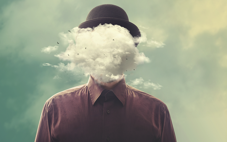 man with bowler with cloud over his head