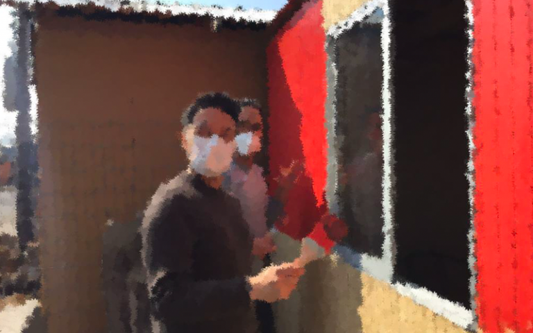 a cartoon/painted image of two men painting a building 