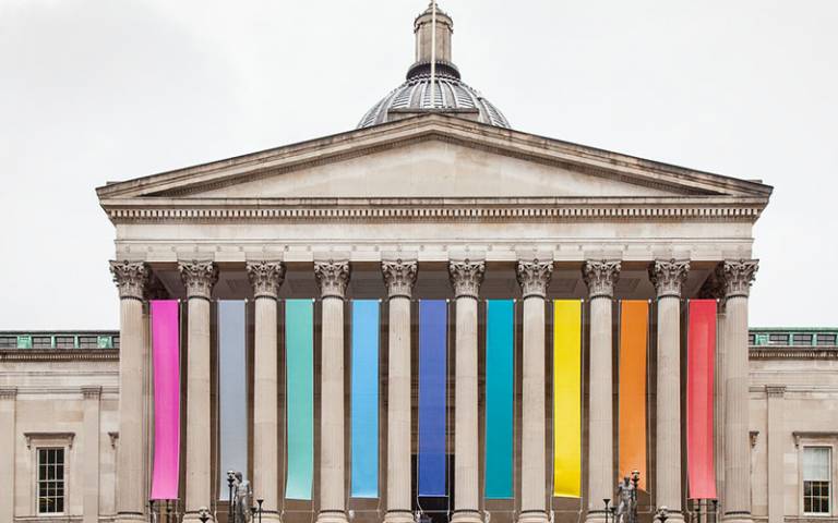 UCL cloisters with coloured banners 