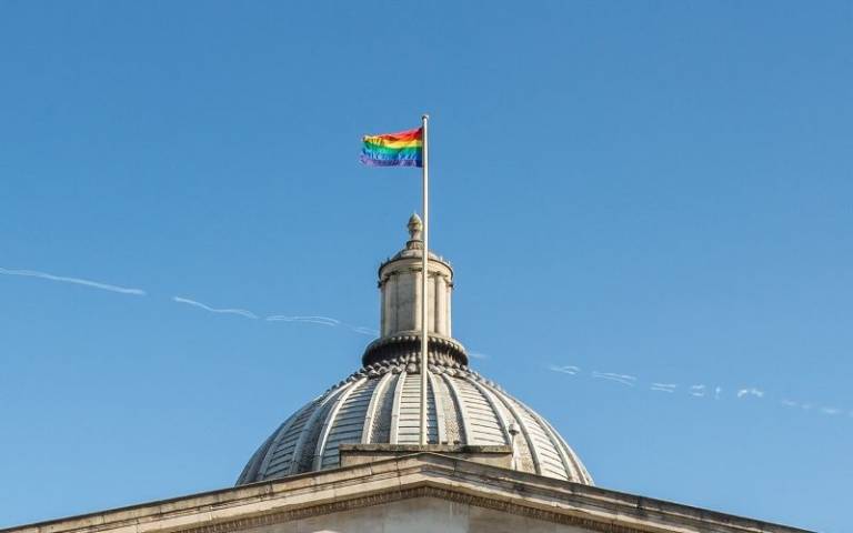 UCL Portico building flying a rainbow flag.