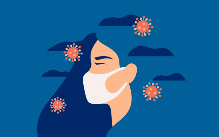 Woman wearing a face protective mask in the Covid-19 pandemic feels anxiety and suffers from pressure. Girl in depression with gloomy thoughts breaths through a mask. Mental health vector concept