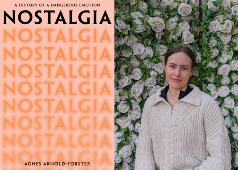 Agnes Arnold Foster standing in front of a flower wall next to the front cover of Nostalgia book 
