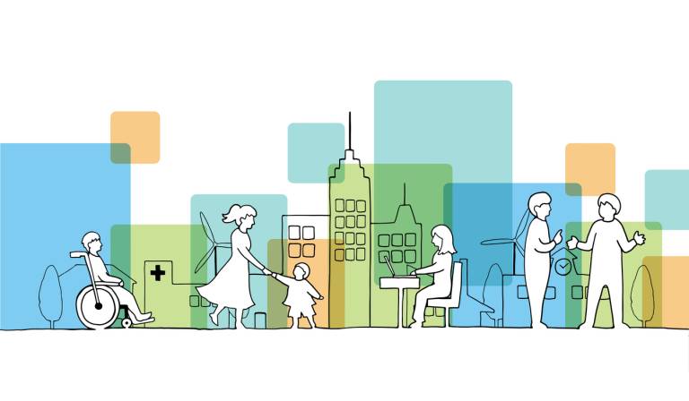 illustration of people in a cityscape
