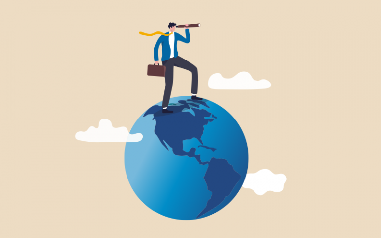 A graphic of a man standing on a globe