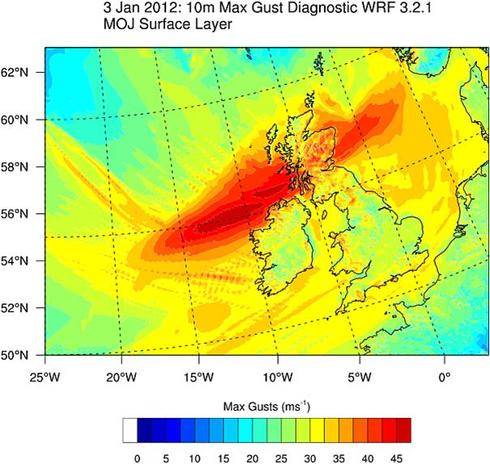 Simulated maximum diagnosed surface wind gusts (m/s) for windstorm ‘Ulli’, 18 UTC  02 Jan to 12 UTC 3 Jan 2012.