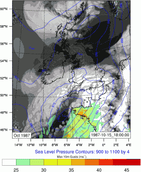 Model cloud tops are  depicted in grey-scale and diagnosed surface wind gusts shaded according  to the colour scale.