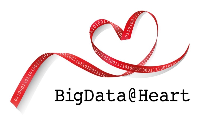 A red ribbon shaped like a heart has binary numbers in white written on it and the words Big Data @ Heart written below in red.