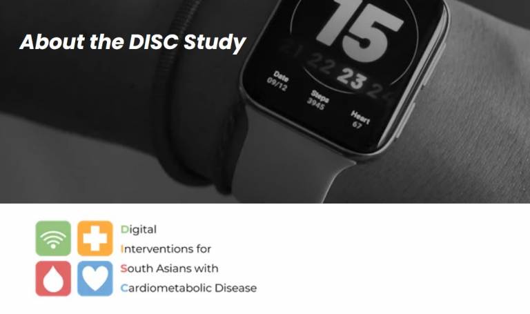 A black background that says about the disc study with a picture of an arm and hand in black and white wearing a smart watch. Below is the DISC study logo. Four coloured squares showing a medical cross, a wifi symbol, a water droplet, and a heart.