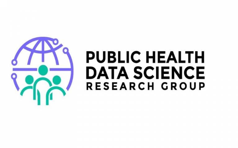 Purple lines create a globe shape logo with three stick people below it. The words in black on the right say PUBLIC HEALTH DATA SCIENCE RESEARCH GROUP.