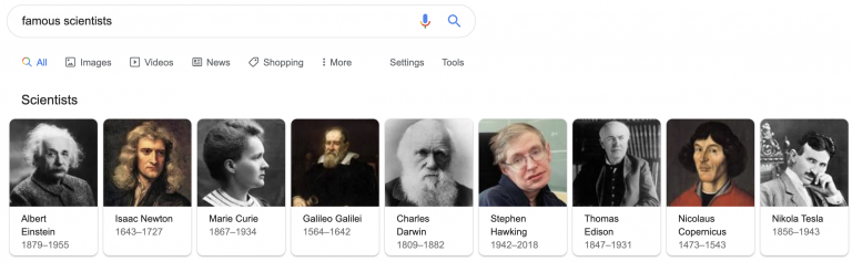 Google search bar showing thumbnails of 'famous scientists': all but one are male