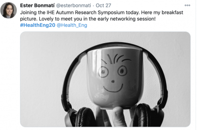 Ester's photo of her coffee mug wearing headphones